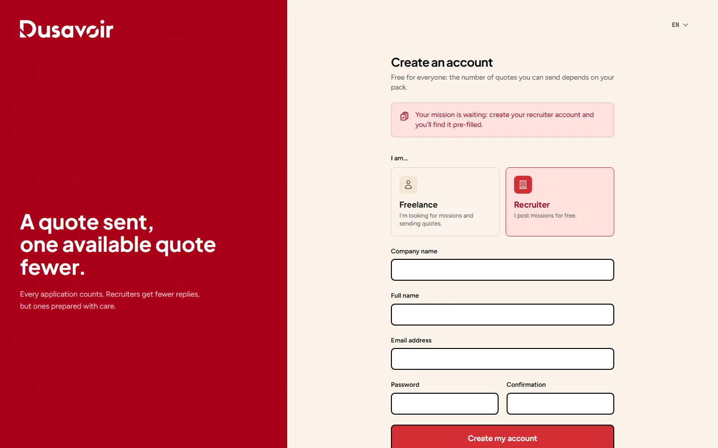 Dusavoir sign-up form with the choice between Freelancer and Recruiter profile