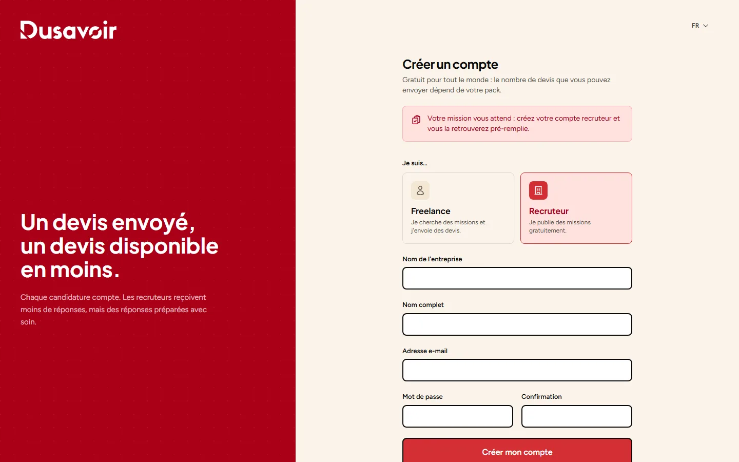 Formulaire d'inscription Dusavoir avec le choix entre profil Freelance et Recruteur