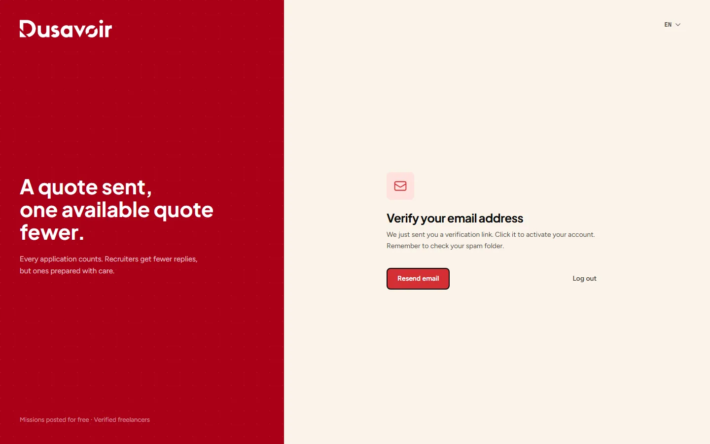Dusavoir email verification screen after sign-up