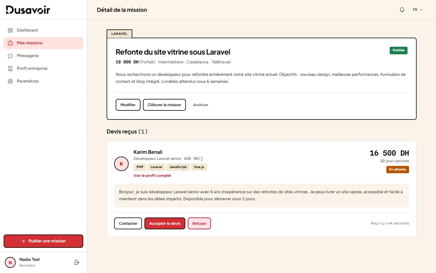 Actions disponibles sur un devis reçu : Accepter, Refuser, Contacter