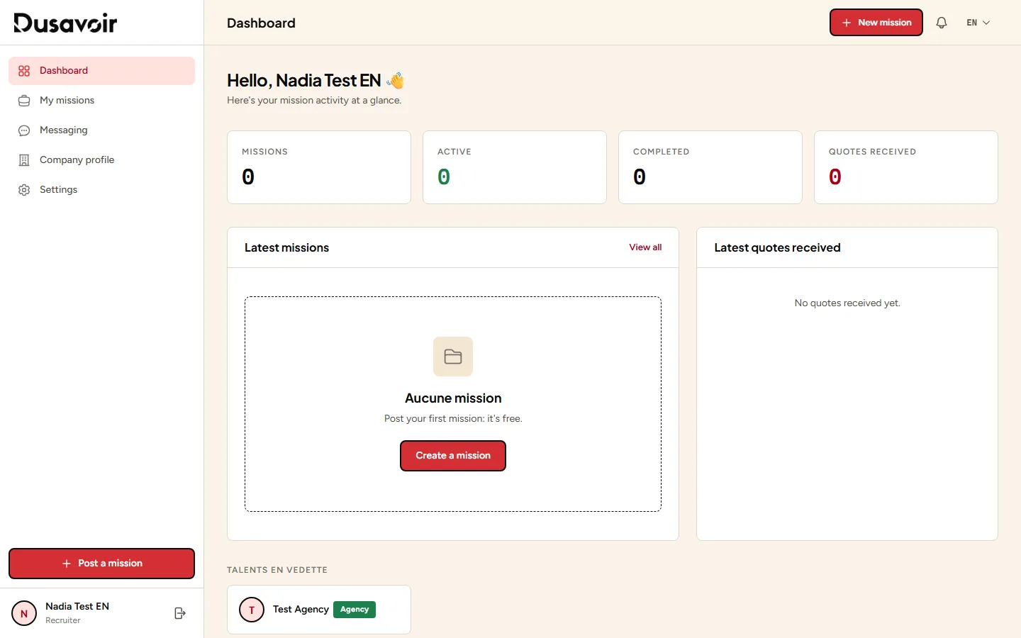 Recruiter dashboard with the Post a mission button