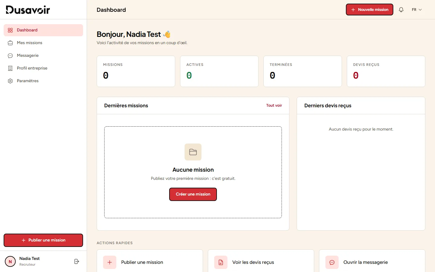 Tableau de bord recruteur avec le bouton Publier une mission