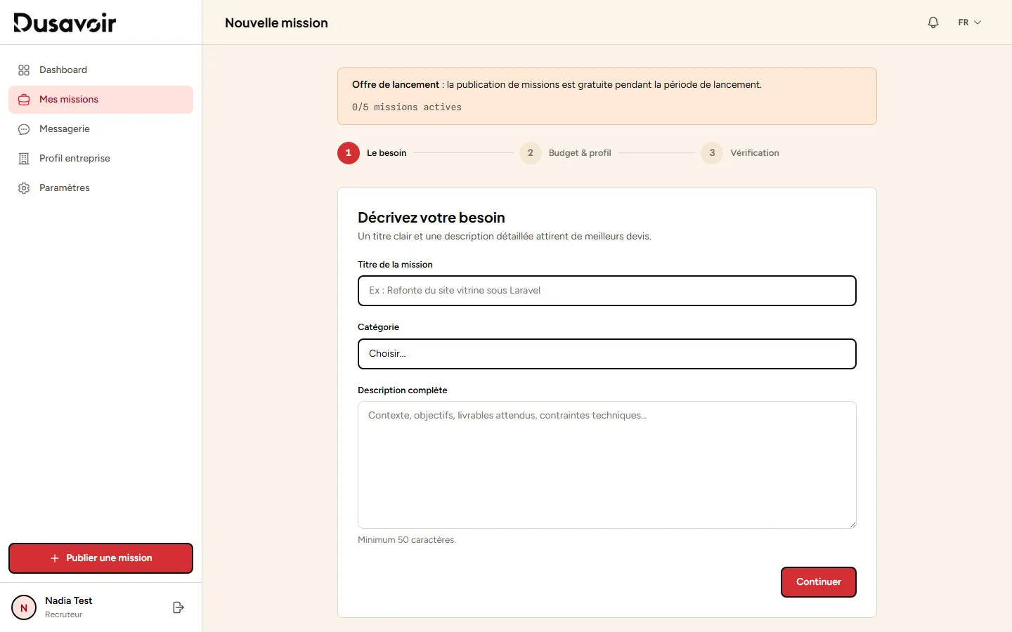 Formulaire de création de mission, étape 1 : le besoin