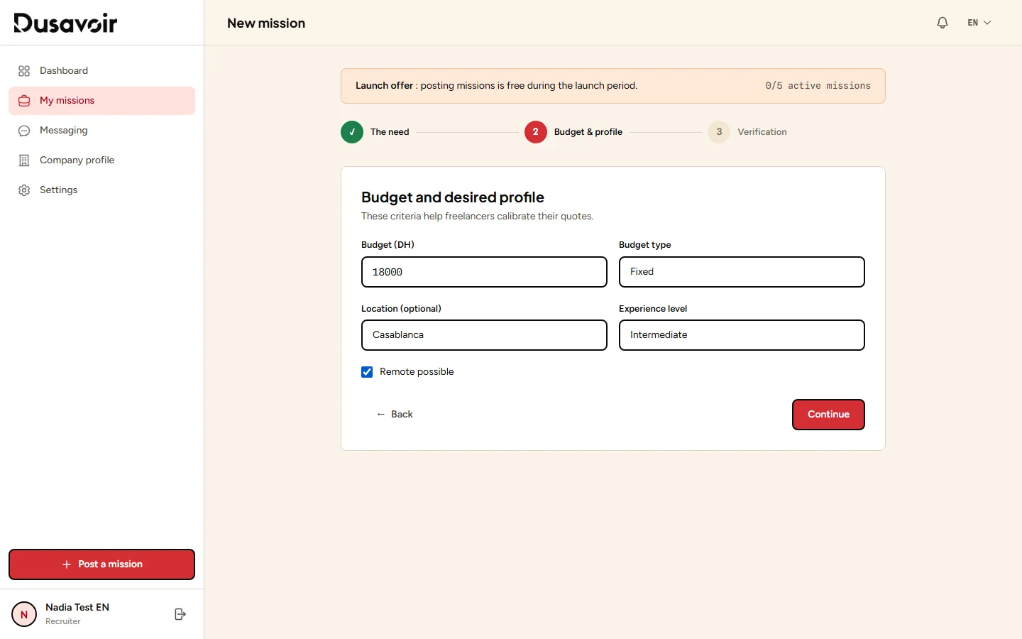Mission creation form, step 2: budget and profile, filled in