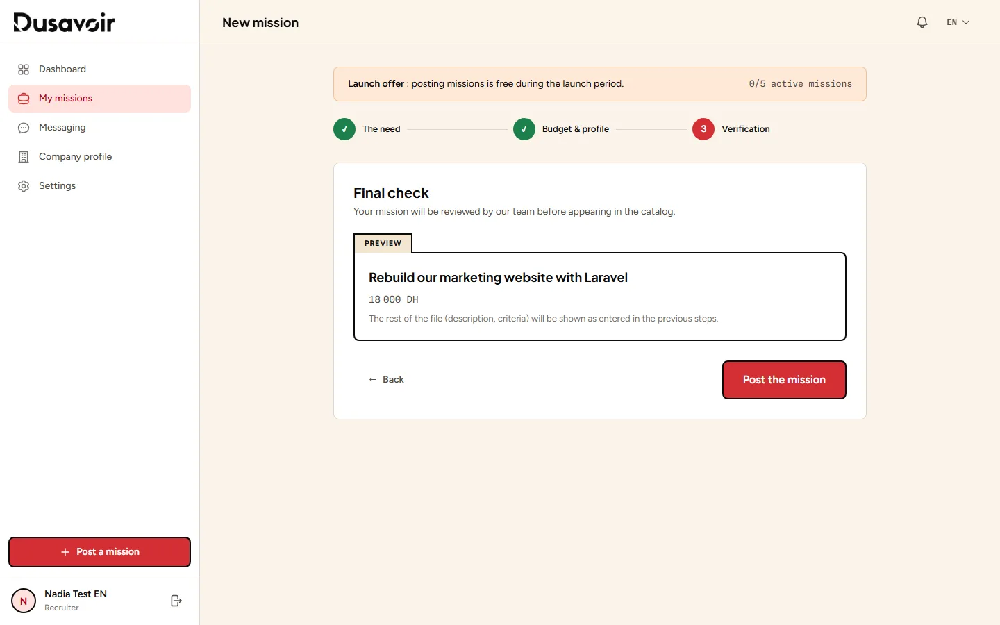 Mission creation form, step 3: review and preview