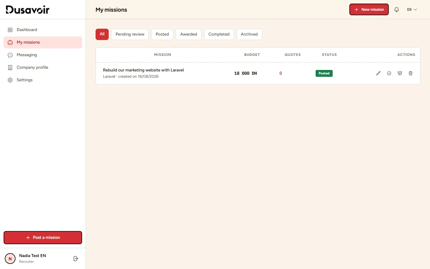 "My missions" list with a mission in Published status