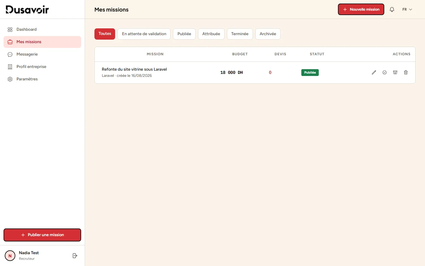 Liste "Mes missions" avec une mission au statut Publiée