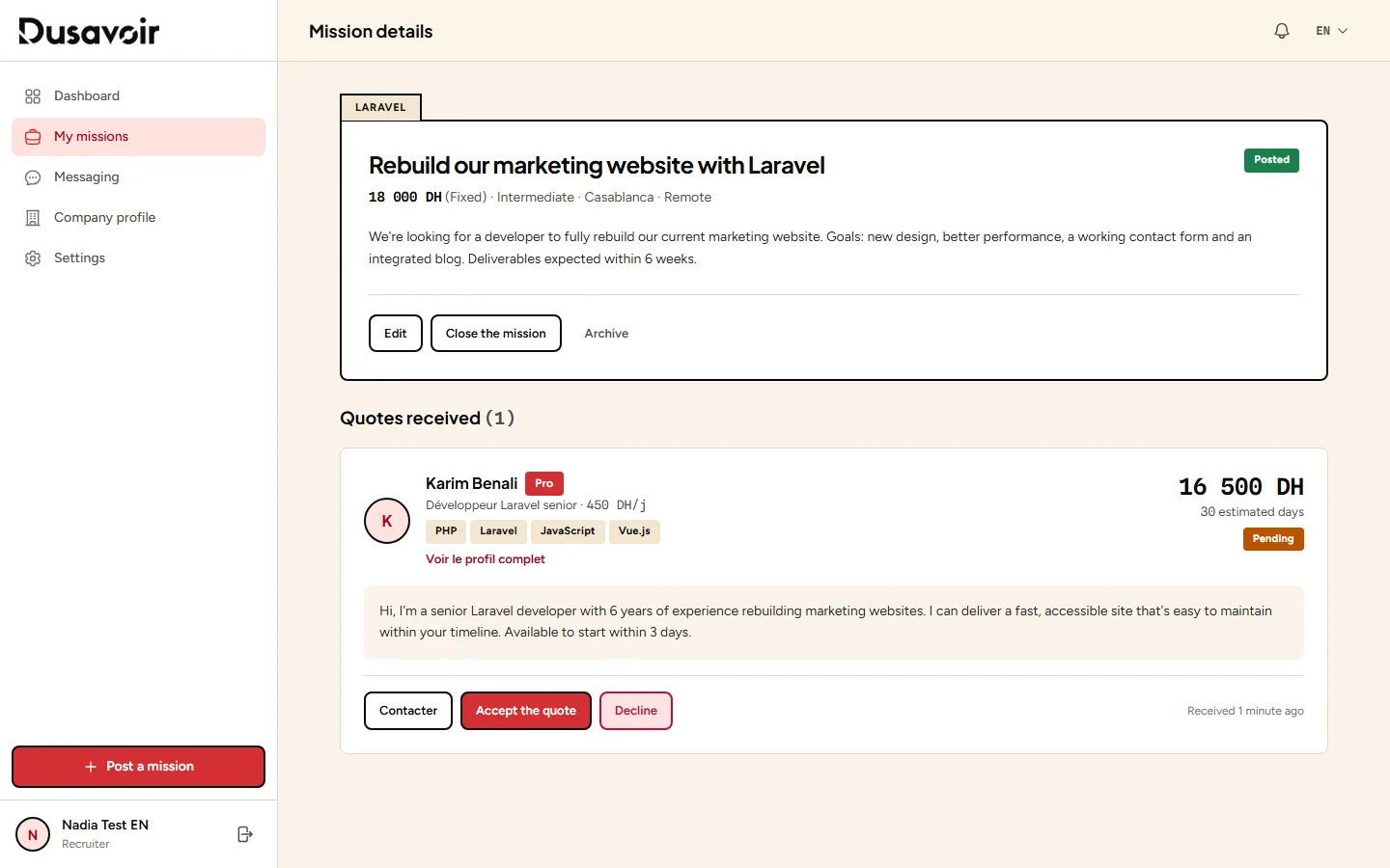 Dusavoir mission detail showing a received quote with amount, duration and message