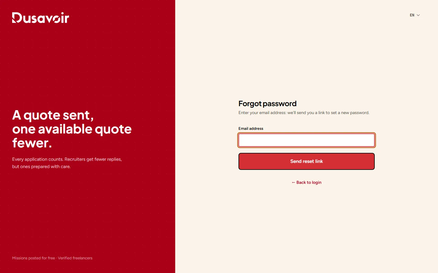 Password reset form on Dusavoir