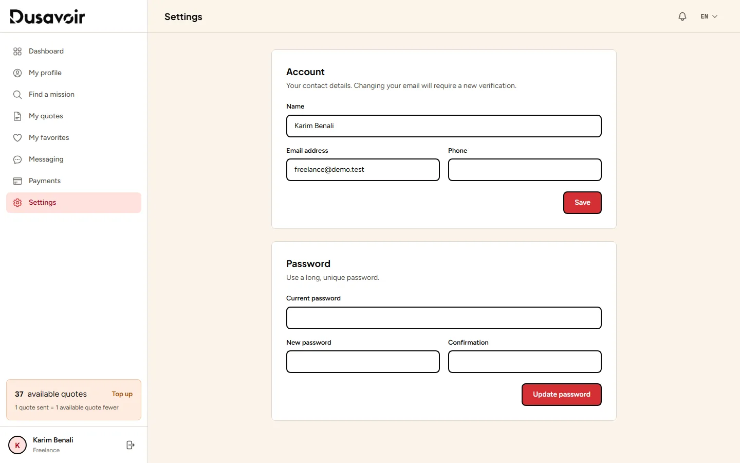 Account settings page on Dusavoir