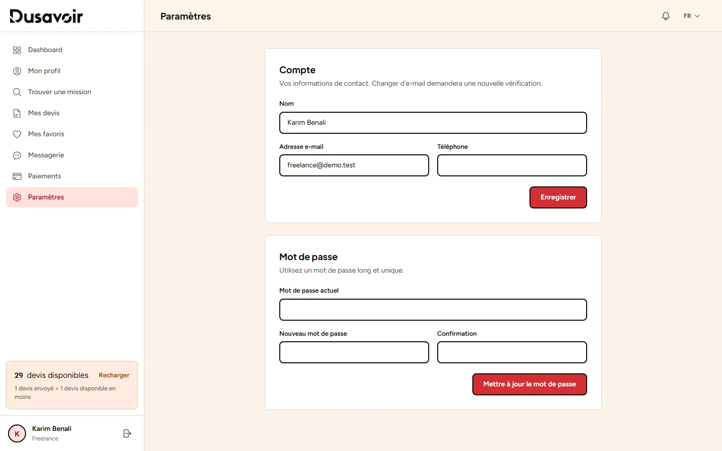 Page des paramètres du compte sur Dusavoir