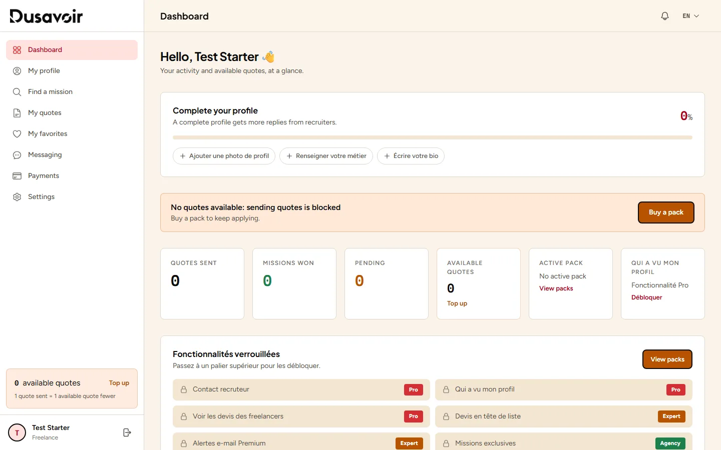 Freelancer dashboard with an available quote balance at zero