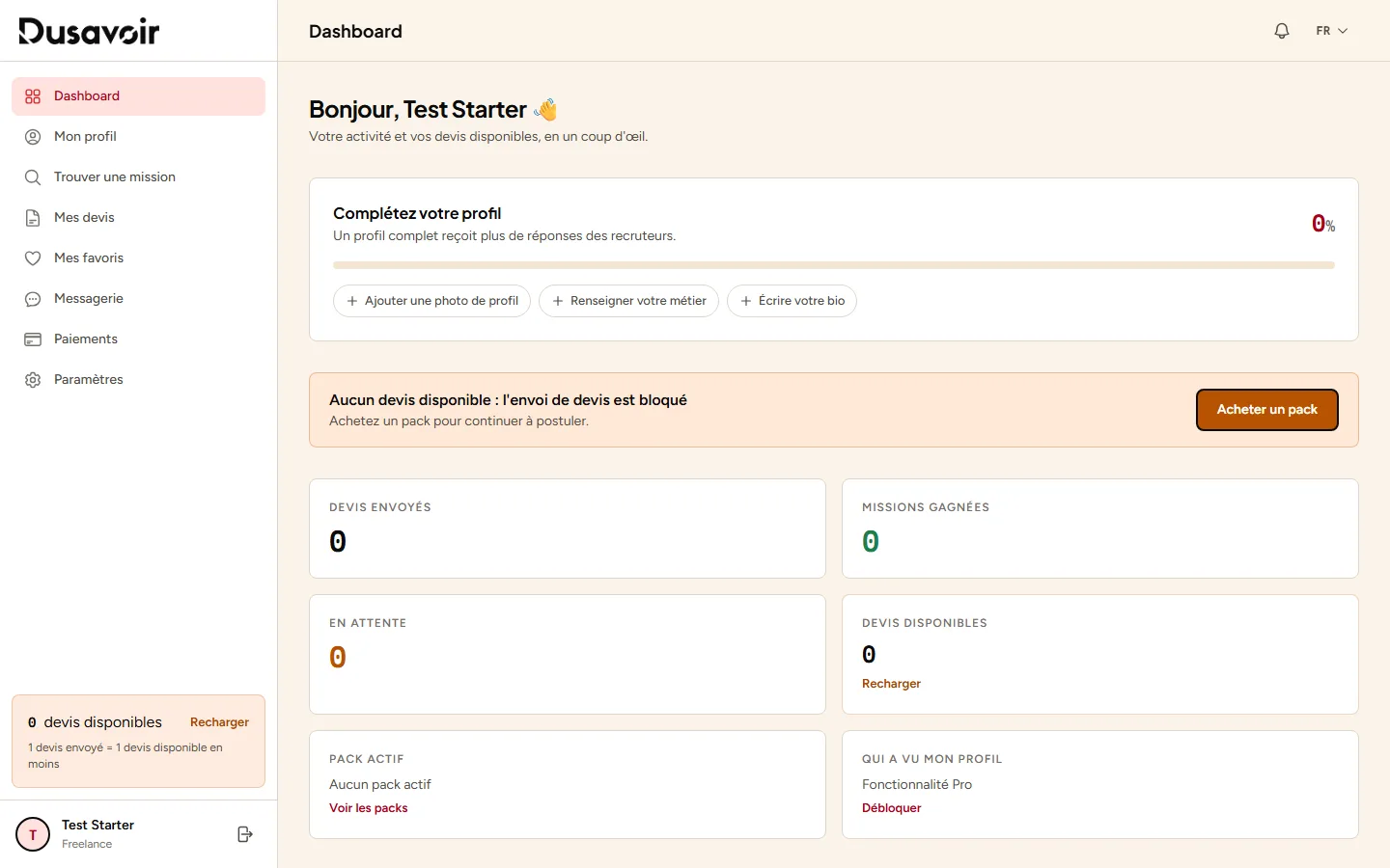 Tableau de bord freelance avec un solde de devis disponibles à zéro