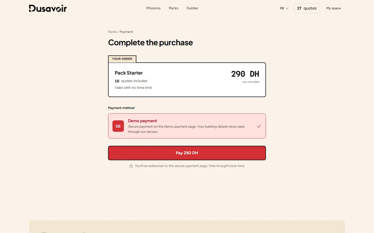 Dusavoir payment page with pack summary and Pay button