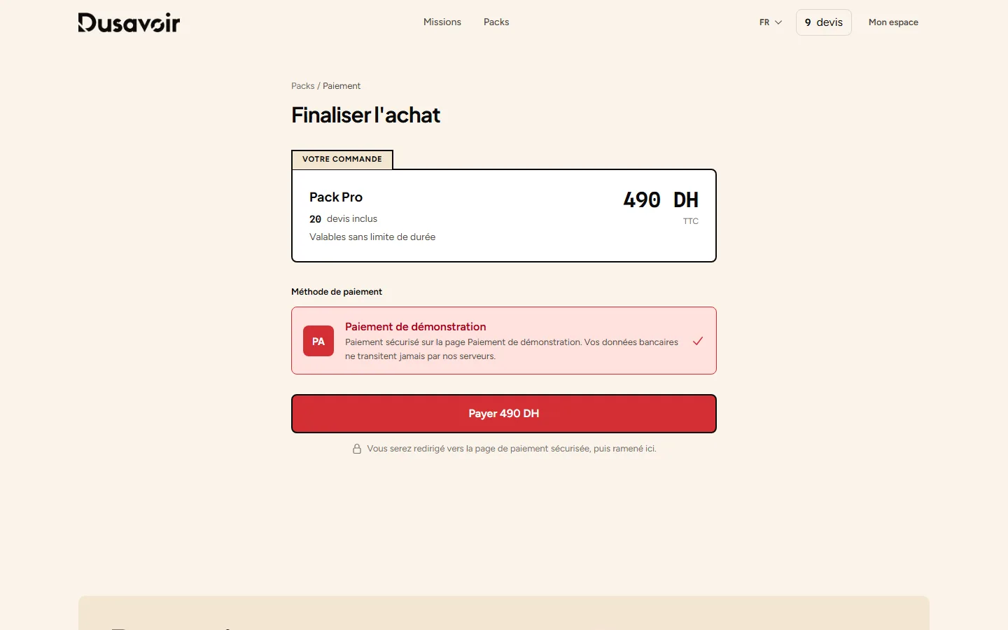 Page de paiement Dusavoir avec récapitulatif du pack et bouton Payer