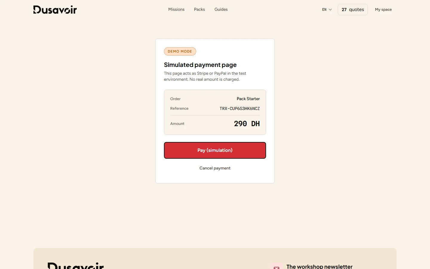 Secure payment page for buying a token pack