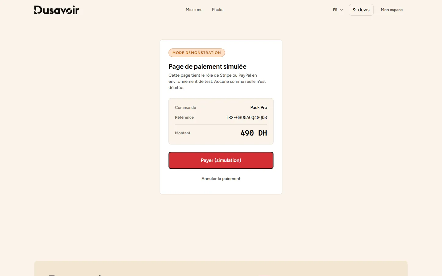 Page de paiement sécurisée pour l'achat d'un pack de jetons