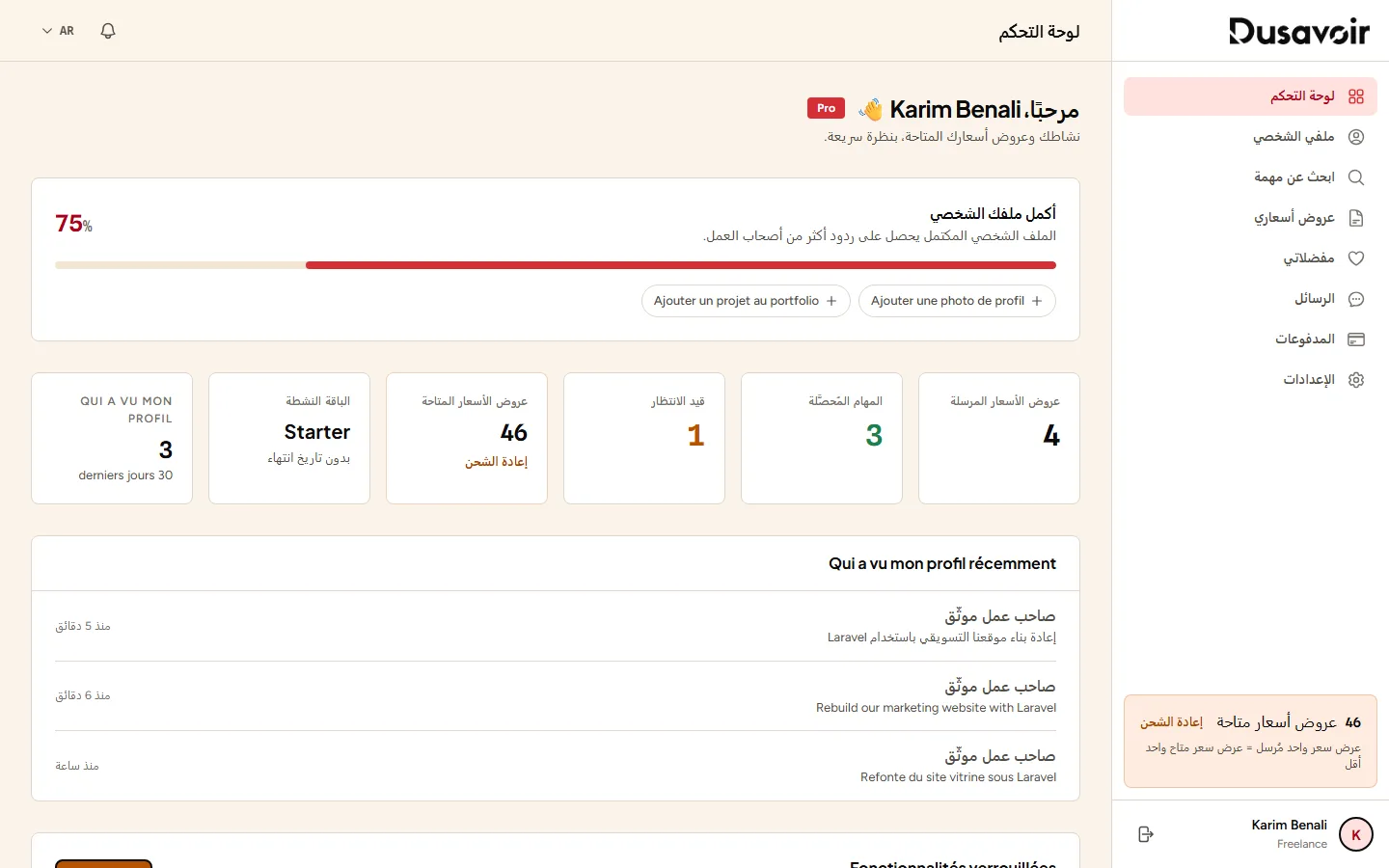 لوحة تحكم الفريلانسر تعرض رصيد العروض المتاح والباقة النشطة