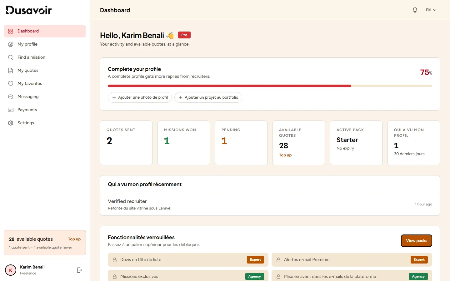 Freelancer dashboard showing the available quote balance and the active pack