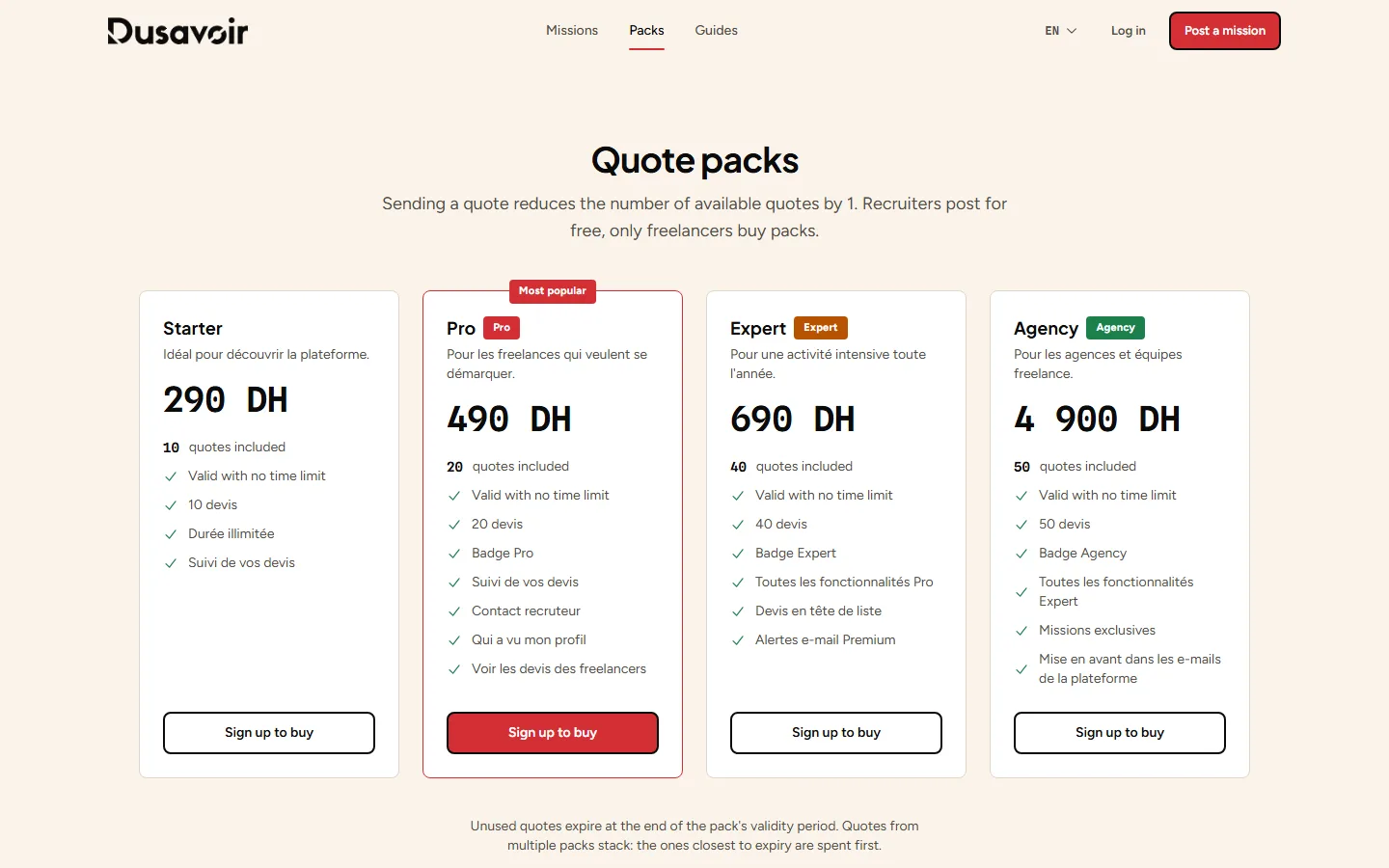 Dusavoir token packs page with Starter, Pro, Expert and Agency