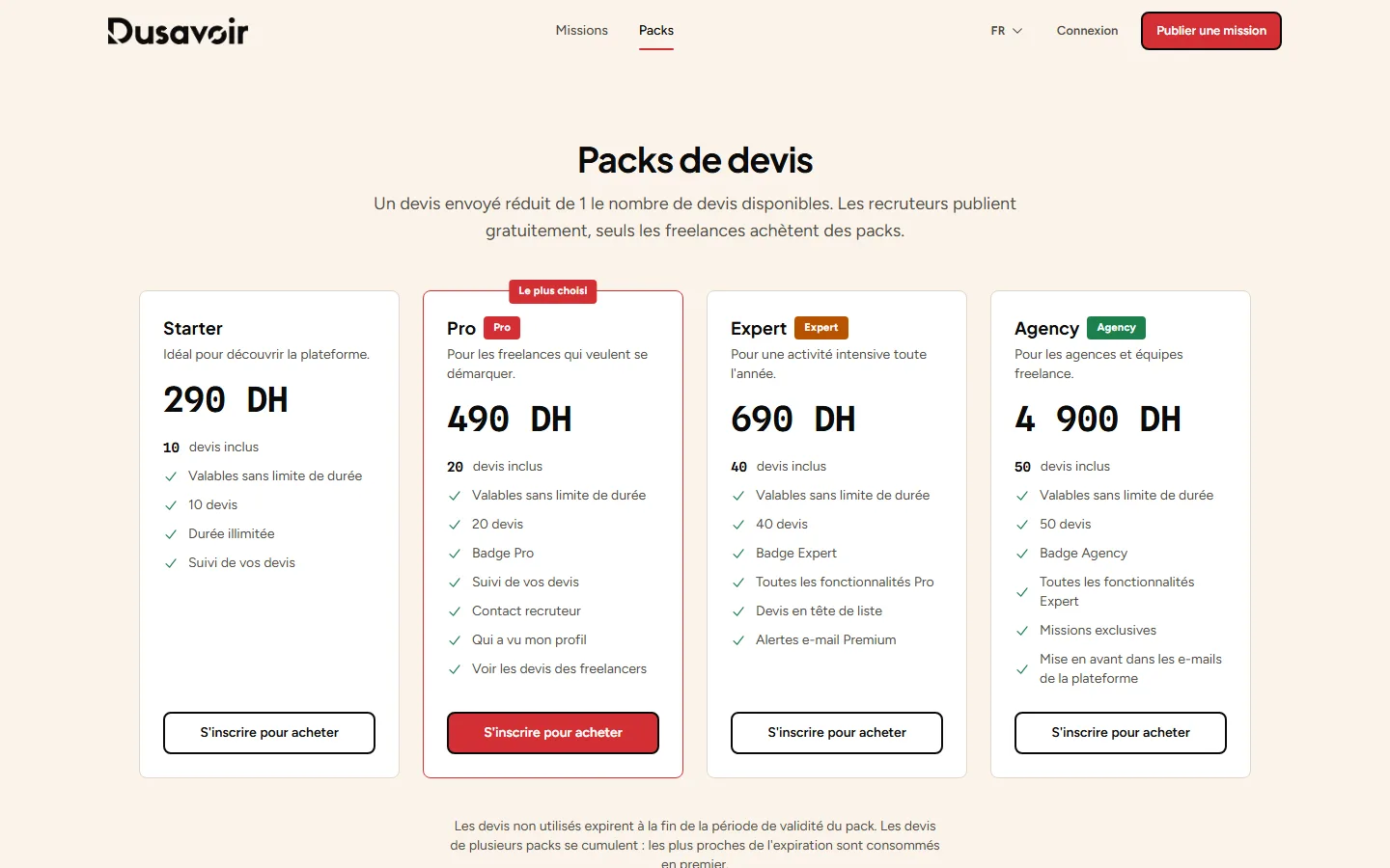 Page des packs de jetons Dusavoir avec Starter, Pro, Expert et Agency