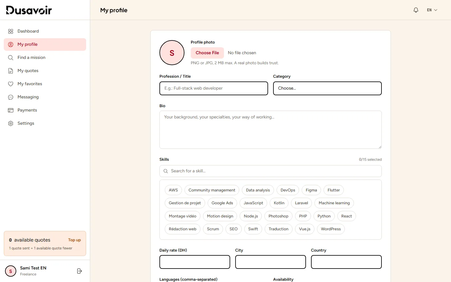 Empty freelancer profile form on Dusavoir