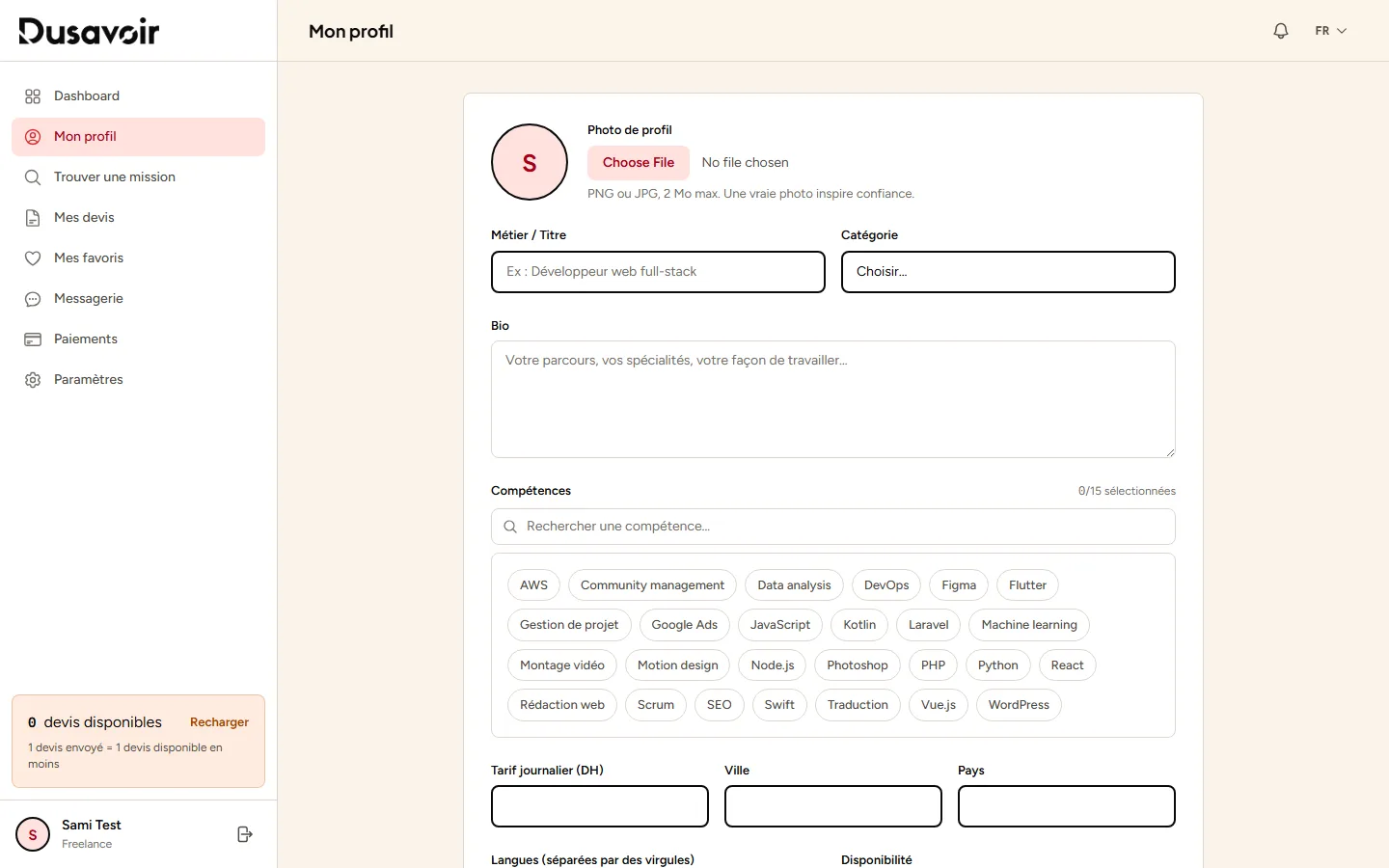 Formulaire de profil freelance vide sur Dusavoir