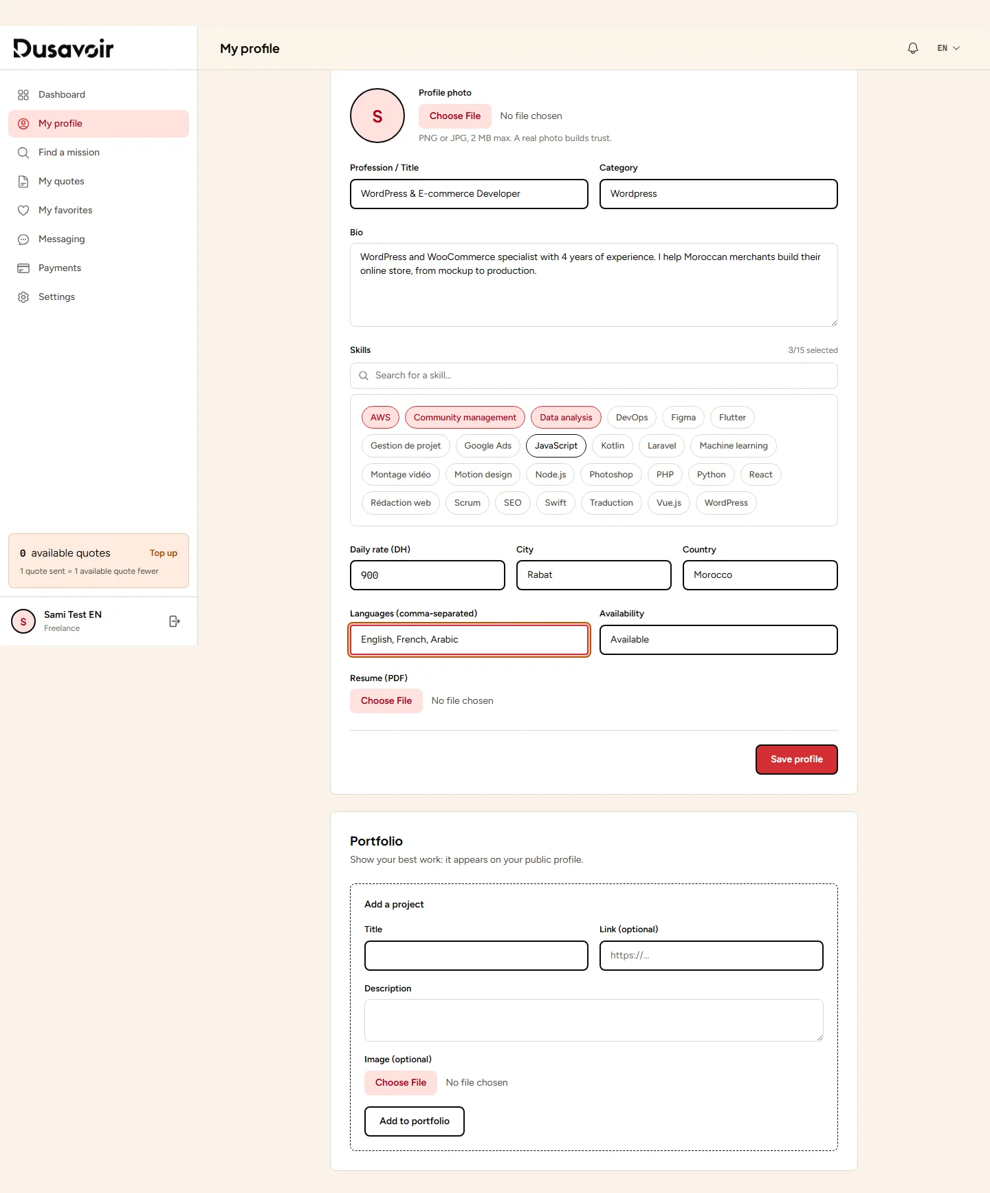 Freelancer profile form filled in with bio, skills, rate and location