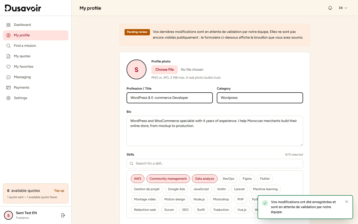 Message indicating the freelancer profile is pending review