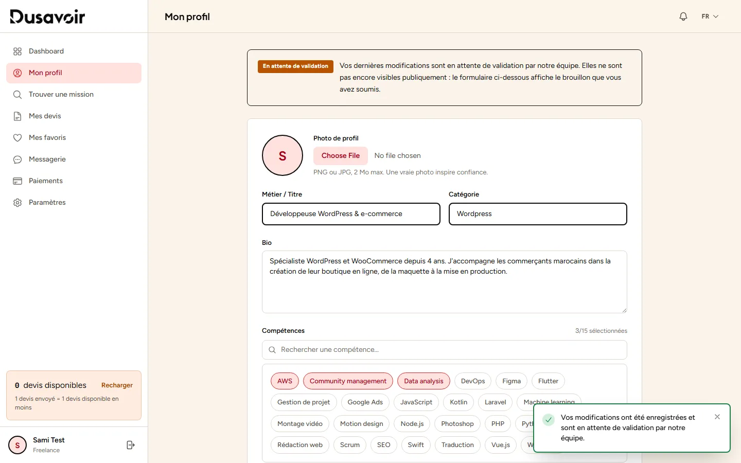 Message indiquant que le profil freelance est en attente de validation