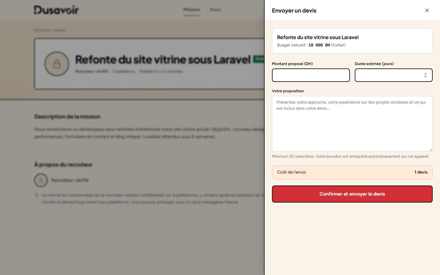 Formulaire d'envoi de devis vide sur Dusavoir