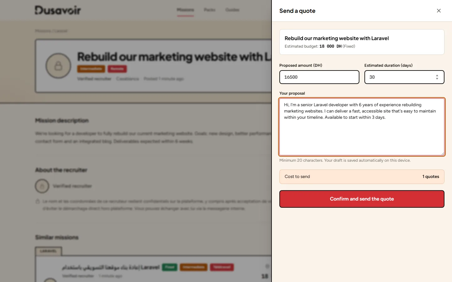 Quote submission form filled in with amount, duration and message
