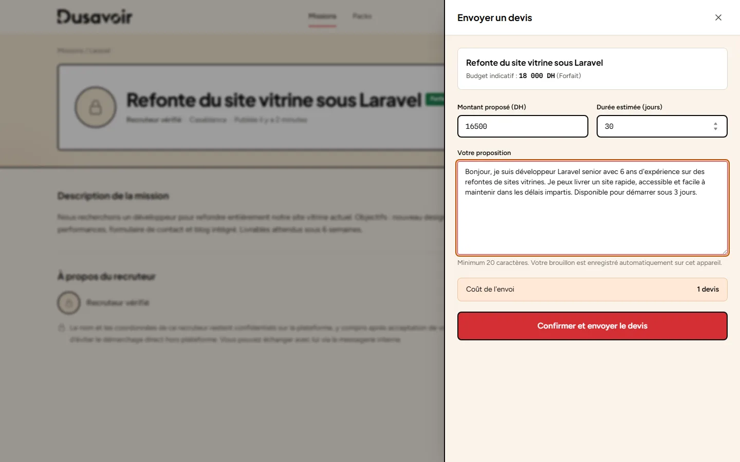 Formulaire d'envoi de devis rempli avec montant, durée et message