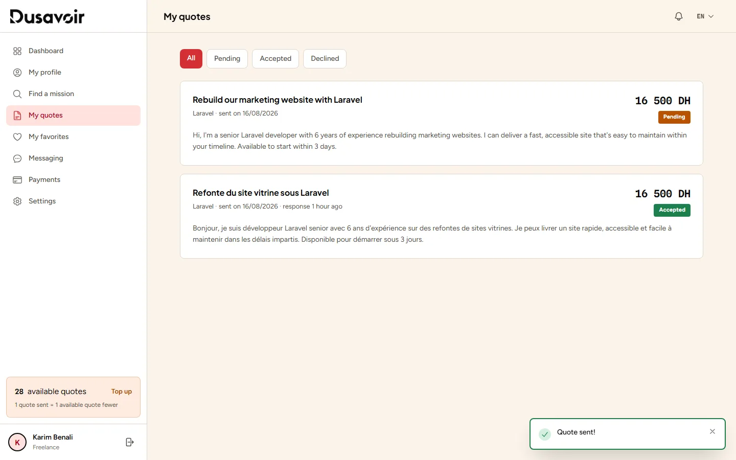 Quote sent confirmation with updated token balance