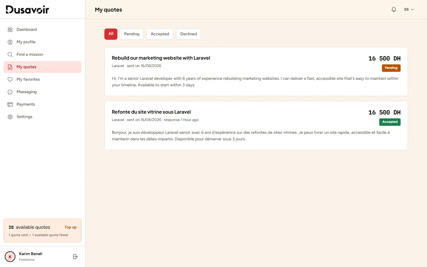 List of sent quotes on Dusavoir, Pending status