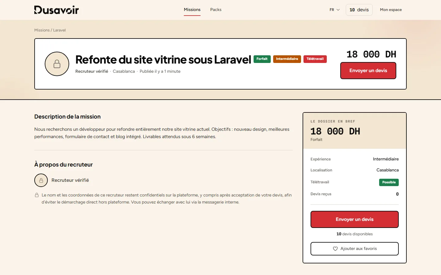 Page de détail d'une mission sur Dusavoir